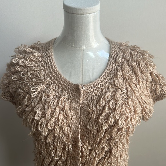 American Rag Women’s Shaggy Wool Blend Short Sleeve Boho Crop Cardigan Tan XS - Picture 3 of 9